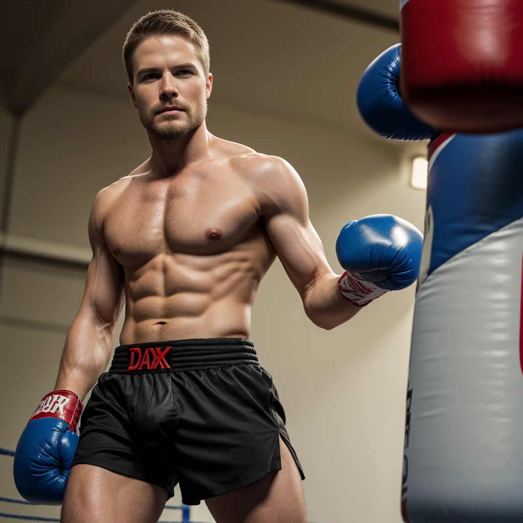 sexy mature daddy,stephen amell ,dark blond hair, stubble,beard and sexy moustache ,muscular , best quality, masterpiece, ultra high resolution, Detailed background illustration, single, muscles, Volumetric lighting, depth of field, beard, flow,wearing a boxing short , shirtless showing hard nipples , huge bulge, boxing gloves ,, martial artist, flow sweat, short dark blond hair, perfect eyes, barefoot, Boxing pose in the ring