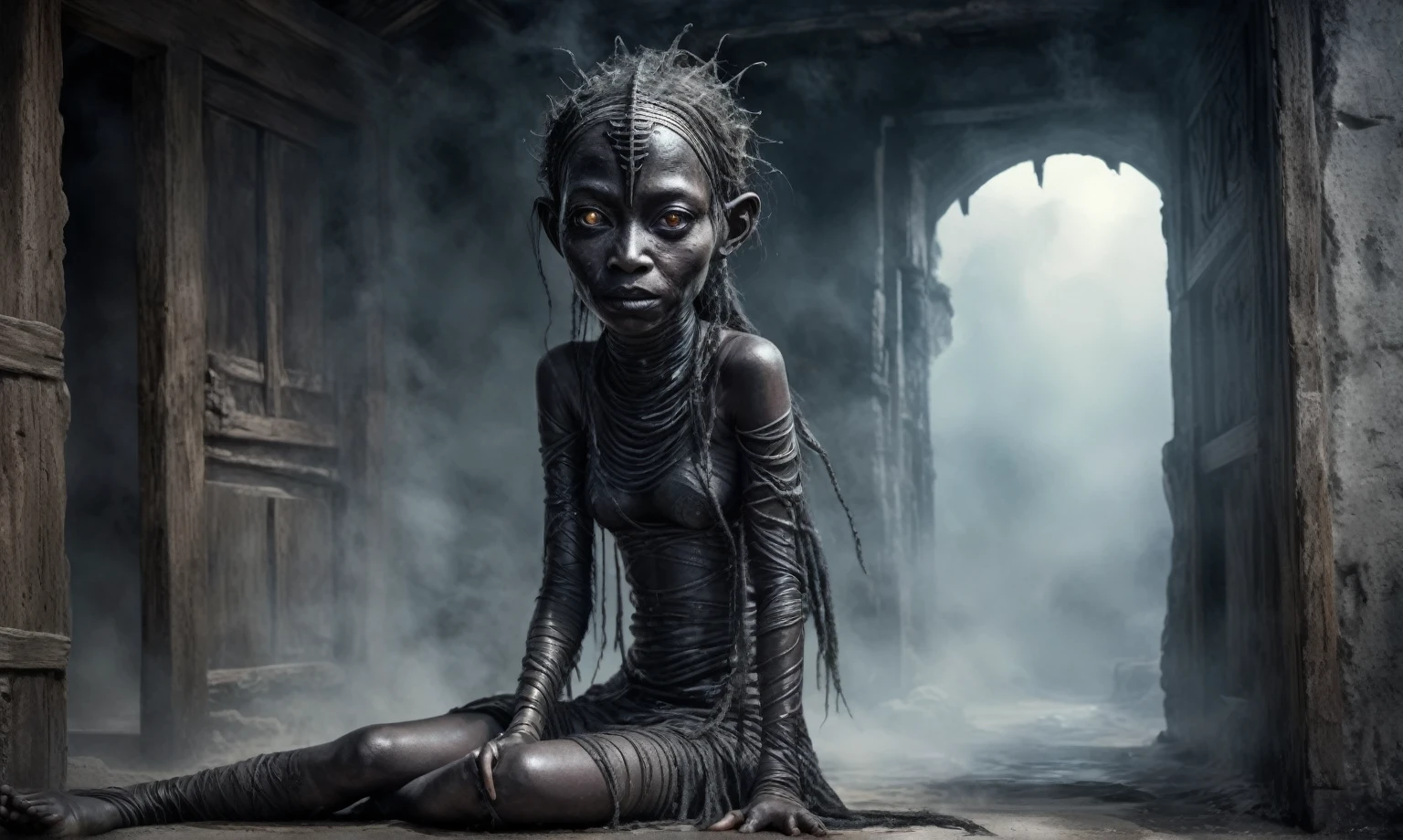 full body length shot,beggar niobium graphite mummy of Alien Entity,native africa slave,Caribbean with AI in brain, wants eat,medieval azctec city,Cinematic,soft colors, Technicolor,natural skin textures, hyper realism, hyper detailed,Extremely detailed,High contrast,Masterpiece,Realistic,Ultra Detailed, intricate details,realistic humid leather,extremly intricate,Epic Realistic, cinematic style, irina yermolova,high contrast,hdr,extremely detailed,masterpiece, intricate details, eyes extremely detailed, high detailed eyes,8k resolution,retina, Nikon Z9,Korea,orc,Li River in Guangxi Zhuang of Italia, perfect, Elf,transition between two art styles, Double contact, X-ray, Creative, vivid light, fantasy, Abstract, Surrealism, super detailed, high resolution, trap against fairies between houses in air,insanity wear,Her skin is pale, almost translucent. symbols of gothic elements, further emphasizing its dark air