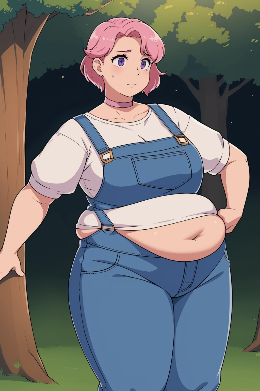 (Pale skin:1.0)Up close, Holding belly, hands on belly, outgrown clothes, (Sad:1.1), (Sad face:1.1)Pale skin, (Obese:1.1),fat, sad, farm backround, upper body, looking at viewer, 1girl, solo, short pink hair, (dark blue choker), (dark blue denim overalls), (purple eyes), (pink boots), (white shoulder lantern sleeve blouse, tucked in pants