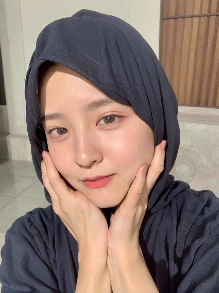 1girl, RAW photo of a 24 year old girl wearing hijab, Masterpiece, 16k, high Resolution, Ultra high Quality, super detailed background, beautiful lighting, Black hijab, solo, park, close up, Hands down, looking at viewer, Indonesia background