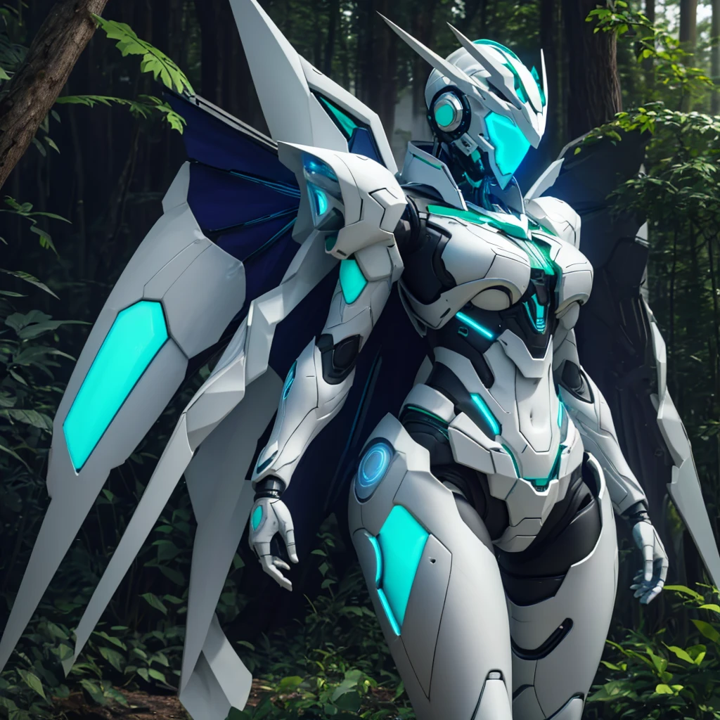 Dronificated unknown woman in a fully enclosed white latex fullbody suit with blue lights across the suit and green star shaped glowing core in the chest, fully enclosed cyber helmet th with a Gundam face that cover her whole face and hides her Identity, huge breast, narrow waist, wide hips and thick thighs, Mechanical wings, in a forest, no face, no hair, no mouth, no eyes, (perfect anatomy)