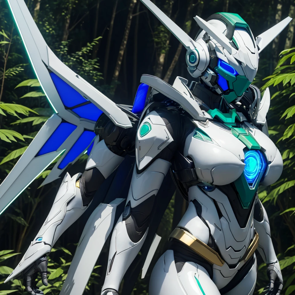 Dronificated unknown woman in a fully enclosed white latex fullbody suit with blue lights across the suit and green star shaped glowing core in the chest, fully enclosed cyber helmet th with a Gundam face that cover her whole face and hides her Identity, huge breast, narrow waist, wide hips and thick thighs, Mechanical wings, in a forest, no face, no hair, no mouth, no eyes, (perfect anatomy)