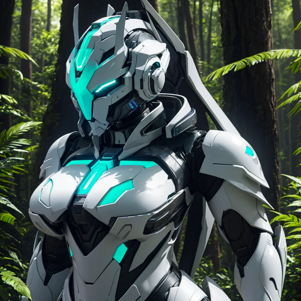 Dronificated unknown woman in a fully enclosed white latex fullbody suit with blue lights across the suit and green star shaped glowing core in the chest, fully enclosed cyber helmet th with a Gundam face that cover her whole face and hides her Identity, huge breast, narrow waist, wide hips and thick thighs, Mechanical wings, in a forest, no face, no hair, no mouth, no eyes, (perfect anatomy)