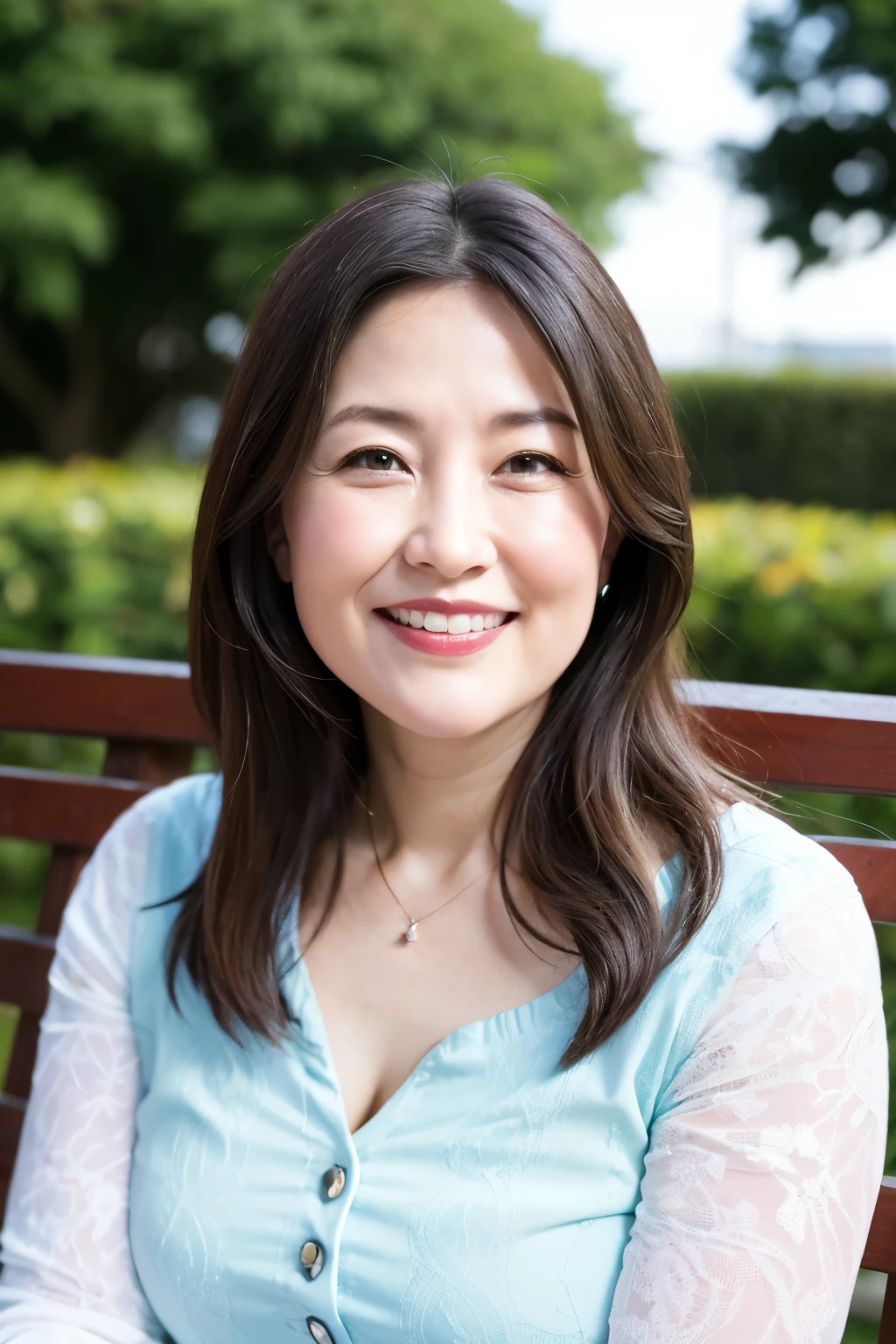 最high quality, In 8K, Masseter region, real, Sharp focus, high quality, High resolution, Detailed face, Fine grain, Thick lips, Background Blur, alone, Full body photography, Middle-aged women, , 65 years old, , Wavy Hair, Cleavage, Wearing a plain short-sleeved knit, Sitting on a park bench, Wrinkles around the eyes, Smiling with teeth showing