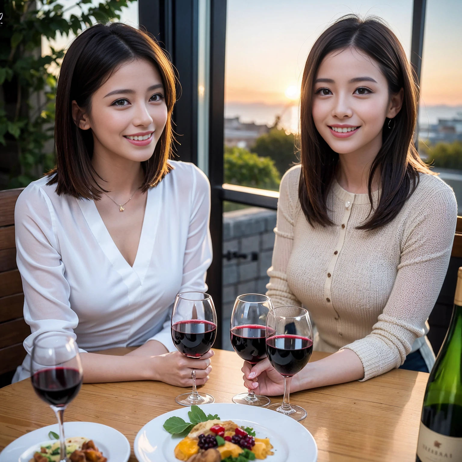 ((Highest quality、8K、masterpiece:1.3))、 (Genuineistic, Genuine、Bright image、Intricate details:1.2), 最高のsmile、1 male 1 female、Slim Body、Beautiful couple、Satomi Ishihara-like lover、Good friends、actress couple、smile、A full-course dinner with a full table、 (Slim face), (the body is slim), (Brown Hair), (short hair), テーブルのwine glass、Please shine a light on my face、 Amazing view of the sunset sky and clouds、 (Age 35)38 years old, red wine 、Wine bottle、sparkling wine、Long sleeve shirt、dress、White wine, red wine, wine glass, 