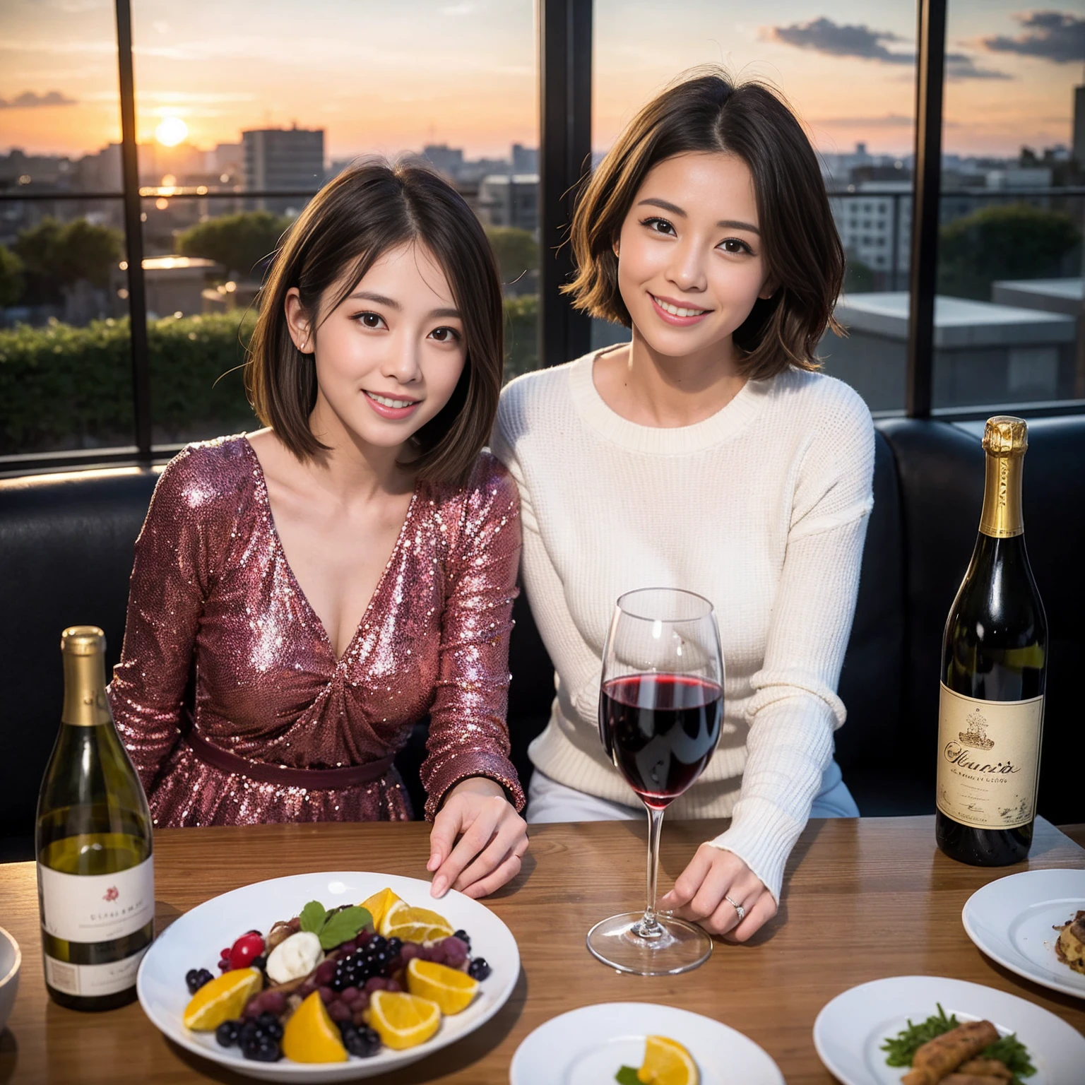 ((Highest quality、8K、masterpiece:1.3))、 (Genuineistic, Genuine、Bright image、Intricate details:1.2), 最高のsmile、1 male 1 female、Slim Body、Beautiful couple、Satomi Ishihara-like lover、Good friends、actress couple、smile、A full-course dinner with a full table、 (Slim face), (the body is slim), (Brown Hair), (short hair), テーブルのwine glass、Please shine a light on my face、 Amazing view of the sunset sky and clouds、 (Age 35)38 years old, red wine 、Wine bottle、sparkling wine、Long sleeve shirt、dress、White wine, red wine, wine glass, 