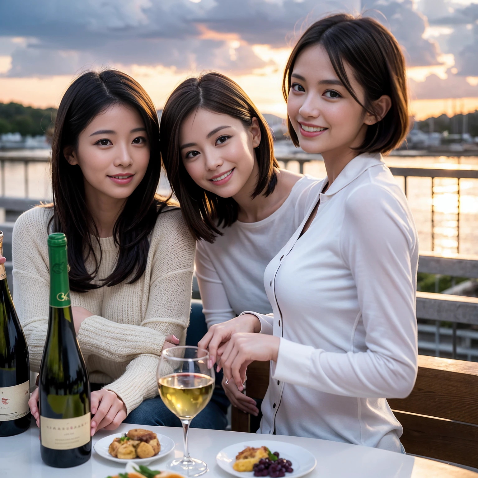 ((Highest quality、8K、masterpiece:1.3))、 (Genuineistic, Genuine、Bright image、Intricate details:1.2), 最高のsmile、1 male 1 female、Slim Body、Beautiful couple、Satomi Ishihara-like lover、Good friends、actress couple、smile、A full-course dinner with a full table、 (Slim face), (the body is slim), (Brown Hair), (short hair), テーブルのwine glass、Please shine a light on my face、 Amazing view of the sunset sky and clouds、 (Age 35)38 years old, red wine 、Wine bottle、sparkling wine、Long sleeve shirt、dress、White wine, red wine, wine glass, 