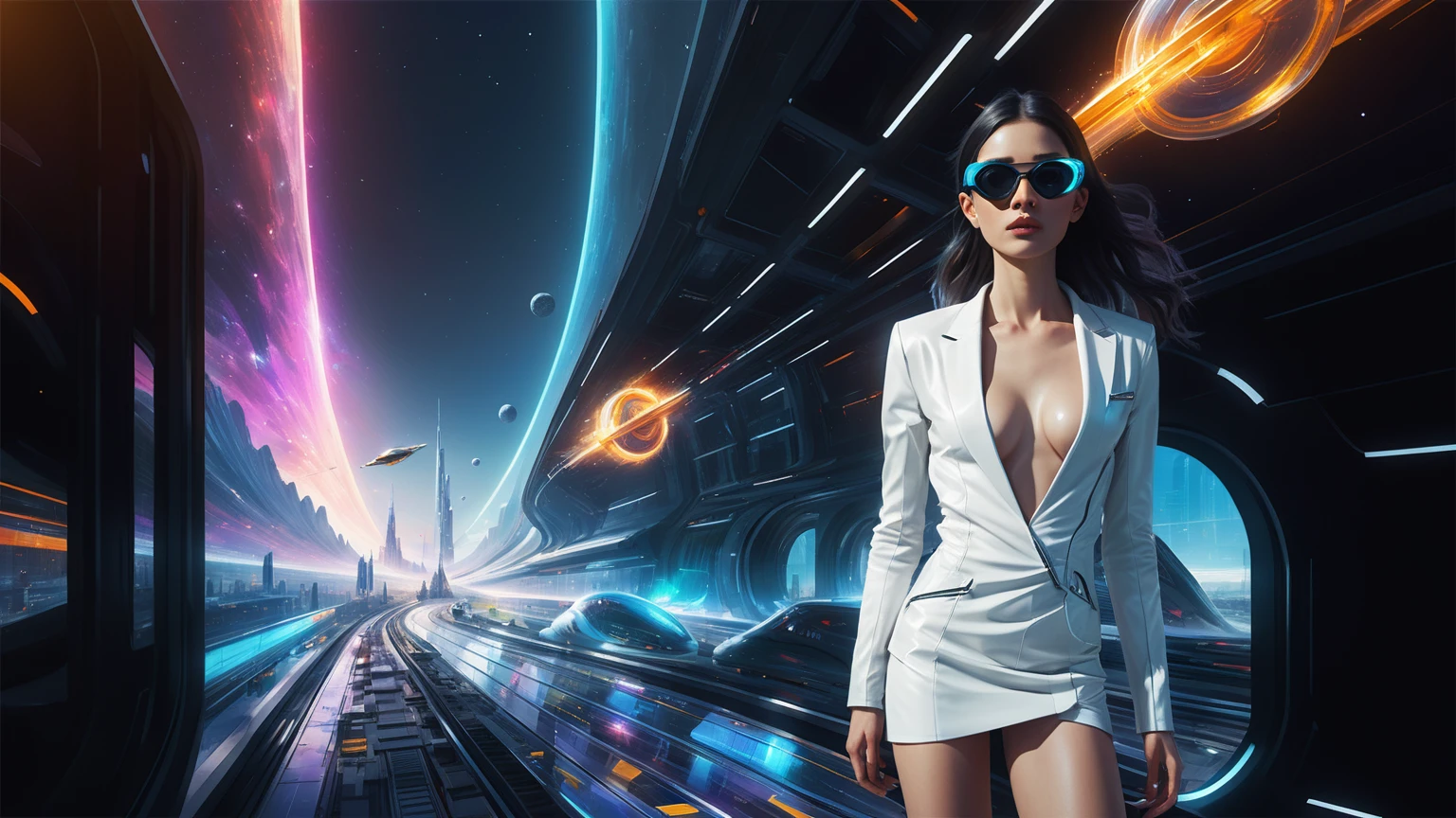 Brightly colored abstract aerial view image of a futuristic railway station with a spiral, a (((((futuristic all-glass train))))) passing by, epic beautiful space sci-fi, chaotic cinematic space rift, Greg Beeple, planets colliding, Beeple and Tim Hildebrandt, Beeple and Jean Giraud, end of the universe, (((((giant abstract sculpture))))), galaxy space sci-fi, ringworld, by Mike "Beeple" Winkelmann. Matrix style, (((((Matrix cascading code))))), (((((a futuristic twin tower skyscraper with a unique twisted design))))), (((((OLED GUI interfaces in the building))))), at night, (((((1girl, solo))))), photo realistic, (((large-breast:1.1 slim body, cleavage:1.4))), (((off broken mini sling-shirt and black sling bra, extreamly short pleated miniskirt exposing panty))), (((((running pose))))), (((((((matrix style black micro sunglasses))))))), ((((((((((aiming with a short gun)))))))))), (((((looking at camera))))), (((very low view))), (((((half-body thigh level medium shot))))), (((cinematic lighting))).