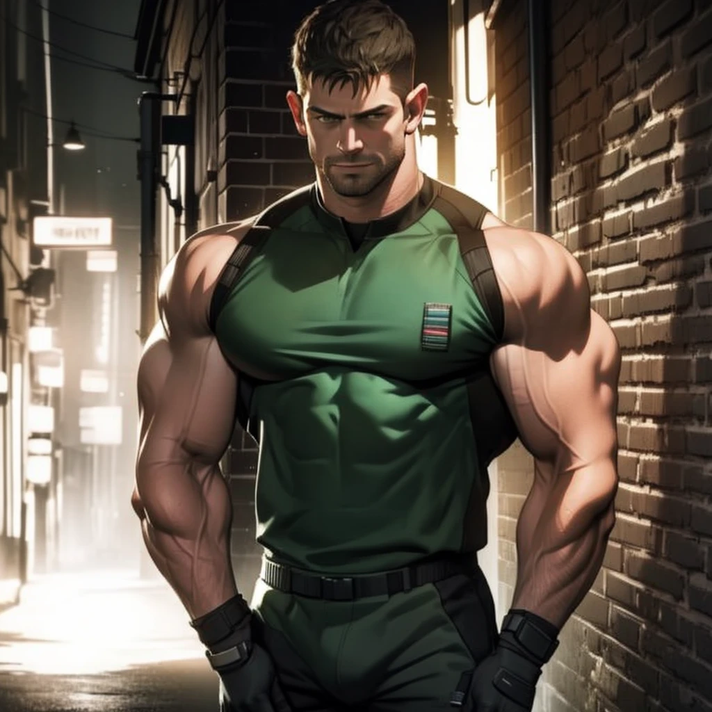 In a masterpiece of high resolution, a 35-year-old man stands alone, elegantly posed against the backdrop of a dark, gloomy hallway. The man is identified as Chris Redfield, renowned for his tactical prowess, and he is dressed in a military tactical suit, highlighted by the green fabric of his tank top, which reveals his well-defined biceps, abs, and chest. The white color on the shoulder of his tank top features the iconic B.S.A.A. logo, adding an air of professionalism to the image.

With a smirk on his face, Chris Redfield towers over the scene, a sign of his dominance and