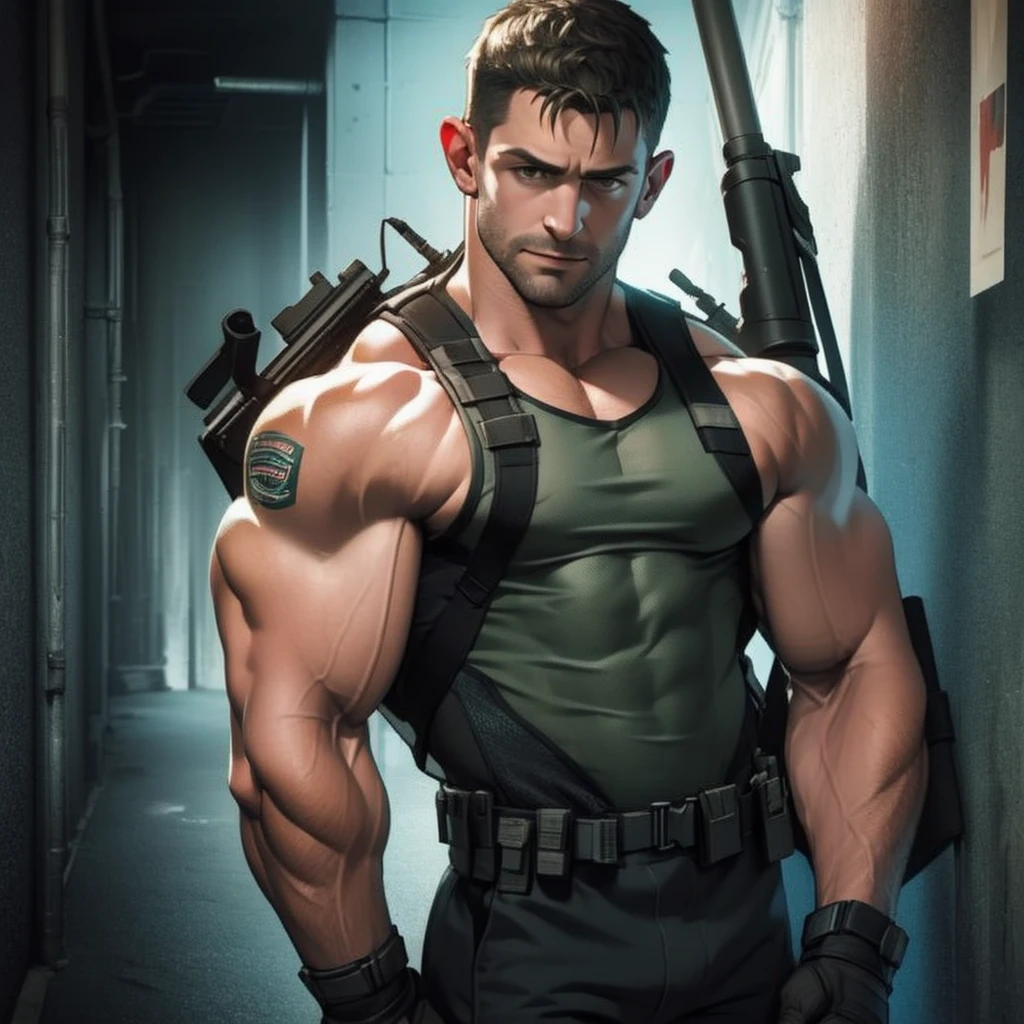 In a masterpiece of high resolution, a 35-year-old man stands alone, elegantly posed against the backdrop of a dark, gloomy hallway. The man is identified as Chris Redfield, renowned for his tactical prowess, and he is dressed in a military tactical suit, highlighted by the green fabric of his tank top, which reveals his well-defined biceps, abs, and chest. The white color on the shoulder of his tank top features the iconic B.S.A.A. logo, adding an air of professionalism to the image.

With a smirk on his face, Chris Redfield towers over the scene, a sign of his dominance and