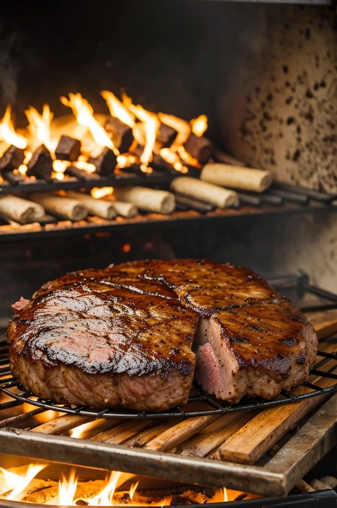 A cow cooking meat