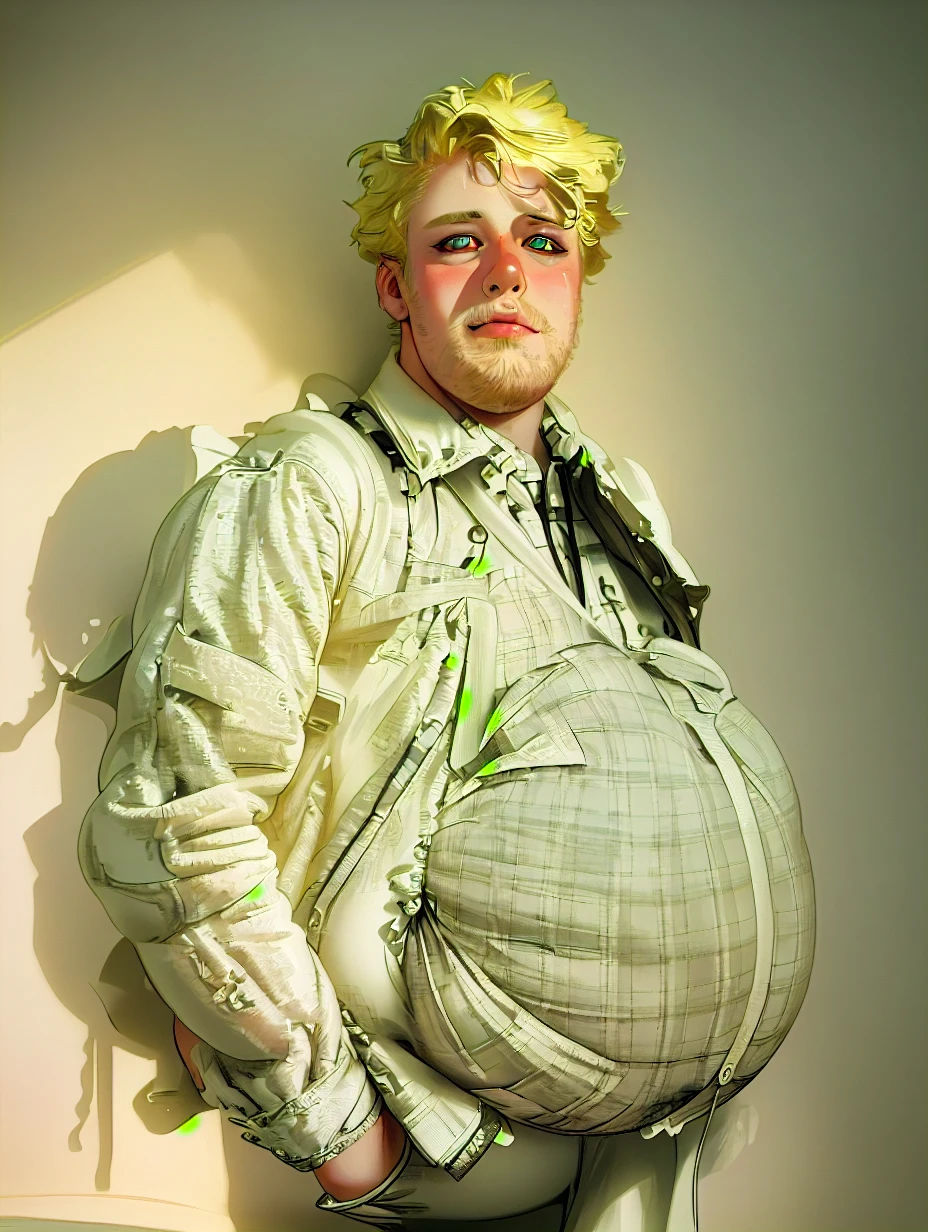 A young handsome blond man, extremely detailed facial features, beautiful detailed eyes, beautiful detailed lips, extremely detailed face and skin, morbid obesity, huge pregnant fat belly, high quality, photorealistic, 8k, hyperrealistic, intricate details, natural lighting, dramatic shadows, vivid colors, cinematic composition