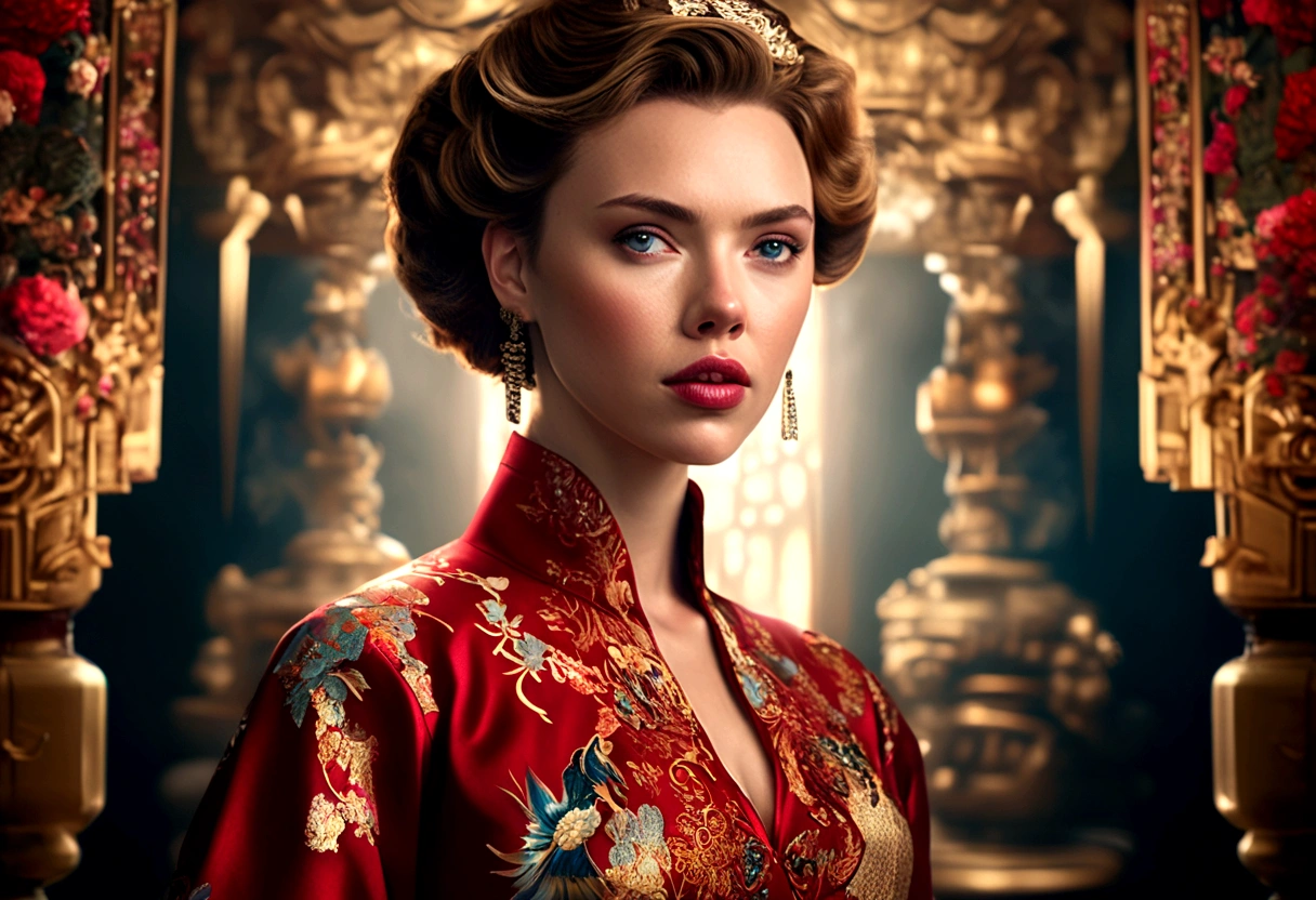 a woman (Scarlett Johansson Age 25), wearing an ornate cheongsam dress, detailed facial features, beautiful eyes, expressive lips, long eyelashes,beautiful skin,elegant hairstyle,feudal china setting,merchant family manor,greeting imperial emissaries,dramatic lighting,rich color palette,cinematic composition,intricate architectural details,opulent decor,stunning visual impact,(best quality,8k,highres,masterpiece:1.2),ultra-detailed,(realistic,photorealistic,photo-realistic:1.37),cinematic,dramatic,intricate,ornate,elegant,atmospheric,moody,rich colors (Show her from head to toe, show her entire body, show all of her)