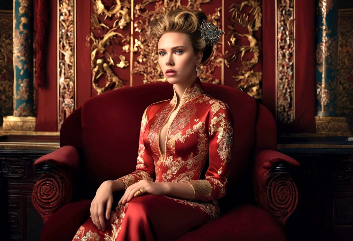 a woman (Scarlett Johansson Age 25), wearing an ornate cheongsam dress, detailed facial features, beautiful eyes, expressive lips, long eyelashes,beautiful skin,elegant hairstyle,feudal china setting,merchant family manor,greeting imperial emissaries,dramatic lighting,rich color palette,cinematic composition,intricate architectural details,opulent decor,stunning visual impact,(best quality,8k,highres,masterpiece:1.2),ultra-detailed,(realistic,photorealistic,photo-realistic:1.37),cinematic,dramatic,intricate,ornate,elegant,atmospheric,moody,rich colors (Show her from head to toe, show her entire body, show all of her)