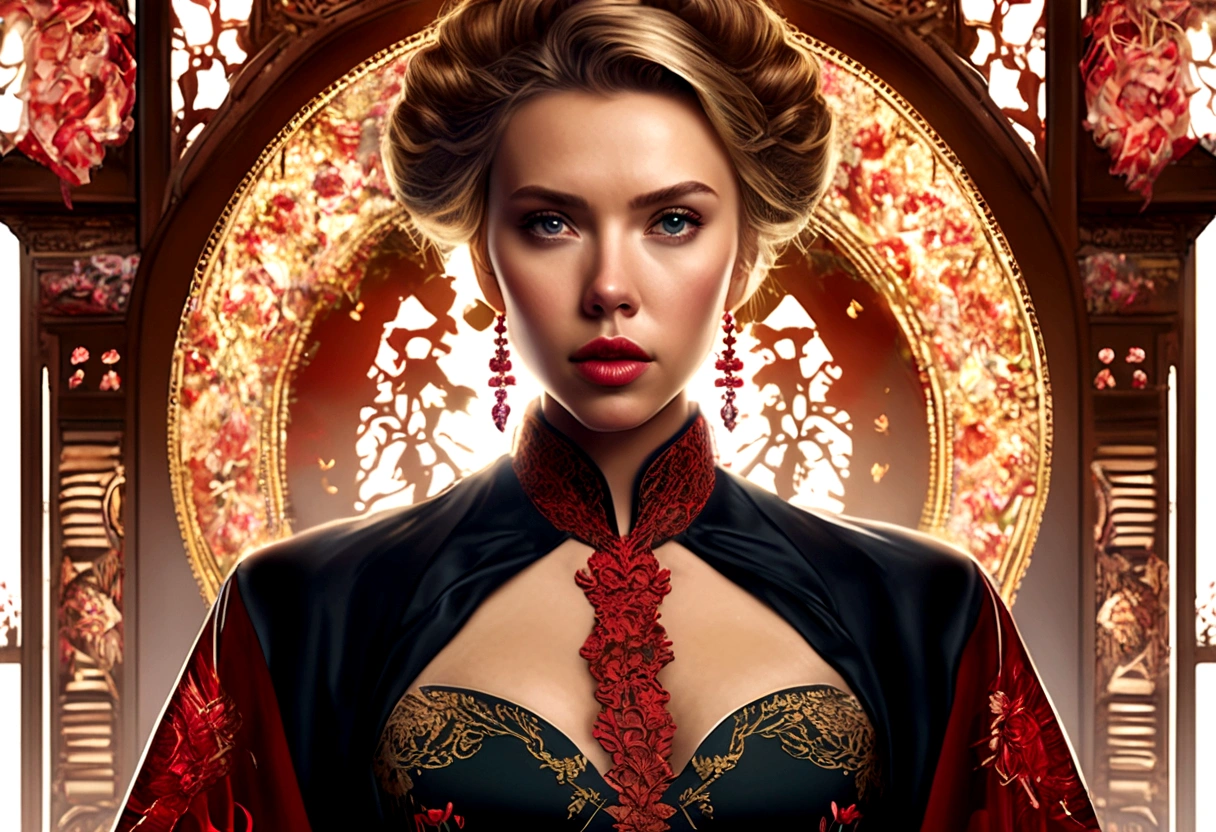 a woman (Scarlett Johansson Age 25), wearing an ornate cheongsam dress, detailed facial features, beautiful eyes, expressive lips, long eyelashes,beautiful skin,elegant hairstyle,feudal china setting,merchant family manor,greeting imperial emissaries,dramatic lighting,rich color palette,cinematic composition,intricate architectural details,opulent decor,stunning visual impact,(best quality,8k,highres,masterpiece:1.2),ultra-detailed,(realistic,photorealistic,photo-realistic:1.37),cinematic,dramatic,intricate,ornate,elegant,atmospheric,moody,rich colors (Show her from head to toe, show her entire body, show all of her)