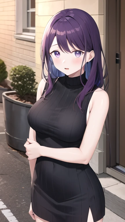 masterpiece, best quality, highres, 1girl, solo, purple hair, bangs, sweater dress, turtleneck, sleeveless, night, street, standing