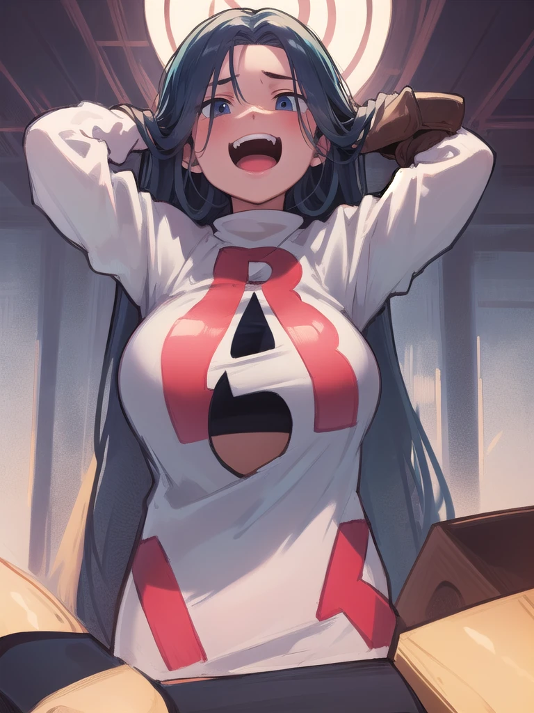 masterpiece, best quality, 1 girl, darkblue hair, long hair, team rocket,team rocket uniform, twitch, slapstick comedy, laugh eyes, laugh open mouth, head on arms, big bump on head, fuss,