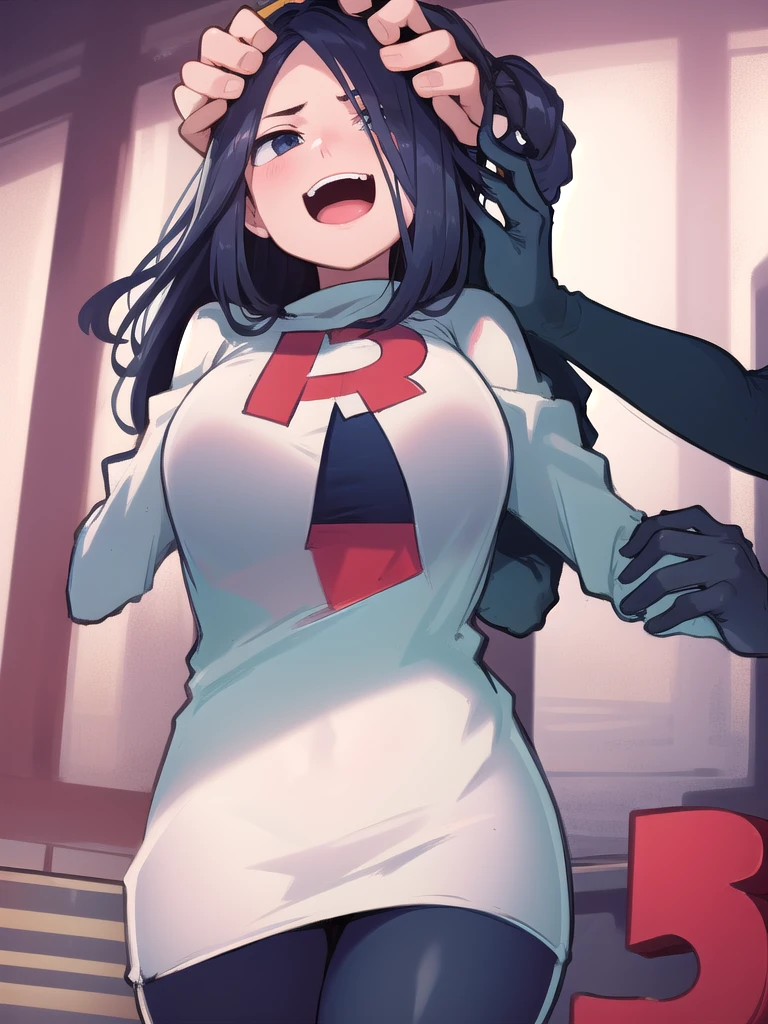 masterpiece, best quality, 1 girl, darkblue hair, long hair, team rocket,team rocket uniform, twitch, slapstick comedy, laugh eyes, laugh open mouth, head on arms, big bump on head, fuss,