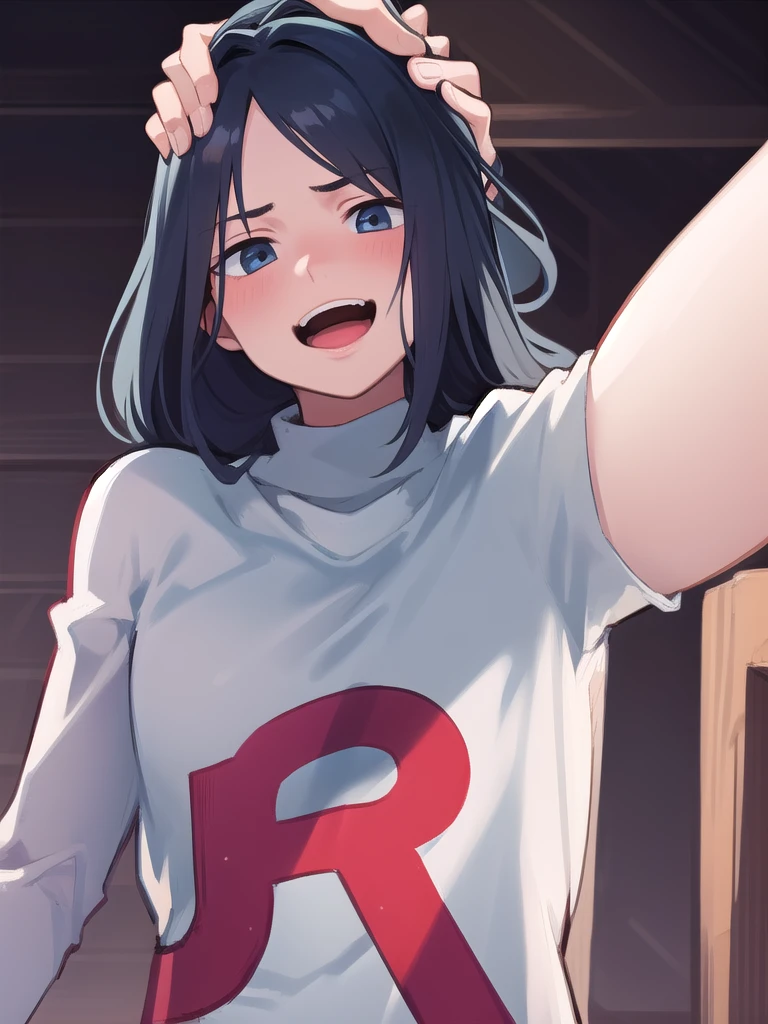 masterpiece, best quality, 1 girl, darkblue hair, long hair, team rocket,team rocket uniform, twitch, slapstick comedy, laugh eyes, laugh open mouth, head on arms, big bump on head, fuss,