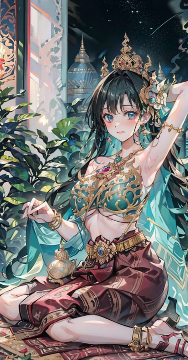 Group of 5 princesses,(5 young women,many young women), (in the bedroom), Various hair styles, harem, Wear a strapless Thai dress...,(shiny armor, Beautiful crowns and jewelry,Patterned crystal jewelry) at night, detailed face, big breasts,Breast curtain, short skirt, mule, Sleeveless , Show your armpits, at night, starry at night,(large areolae:1.4,pink,The nipples are clearly visible.....),Lift the skirt,pee,peeing