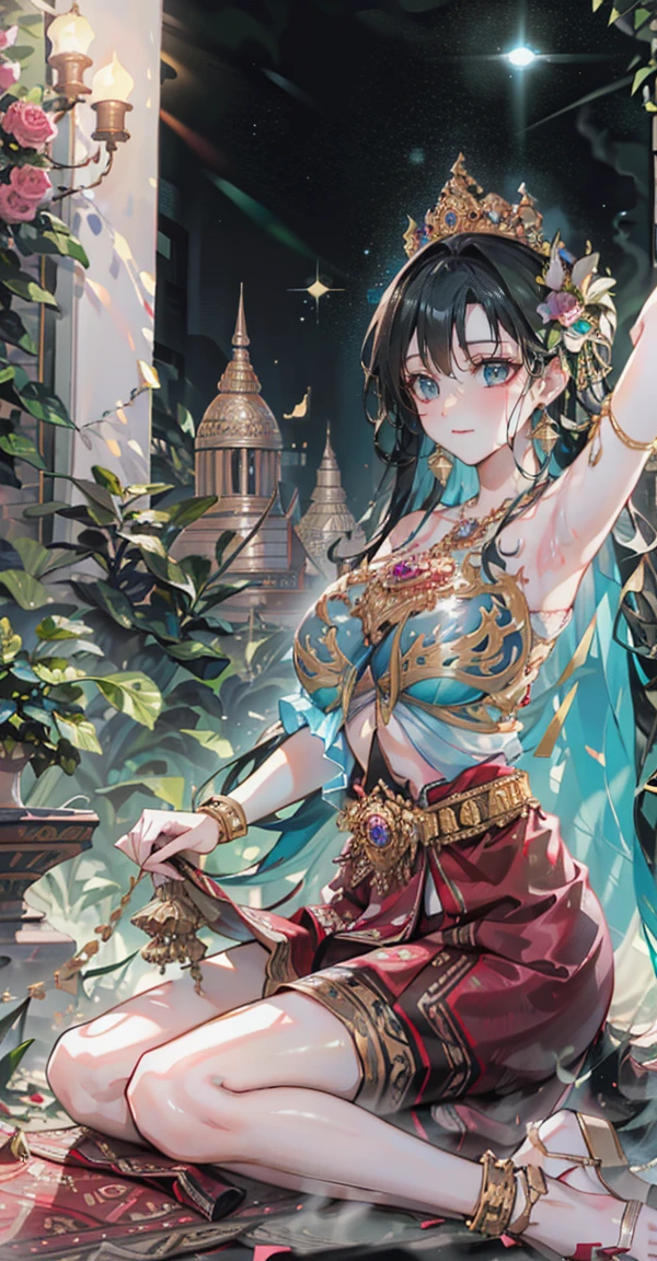 Group of 5 princesses,(5 young women,many young women), (in the bedroom), Various hair styles, harem, Wear a strapless Thai dress...,(shiny armor, Beautiful crowns and jewelry,Patterned crystal jewelry) at night, detailed face, big breasts,Breast curtain, short skirt, mule, Sleeveless , Show your armpits, at night, starry at night,(large areolae:1.4,pink,The nipples are clearly visible.....),Lift the skirt,pee,peeing