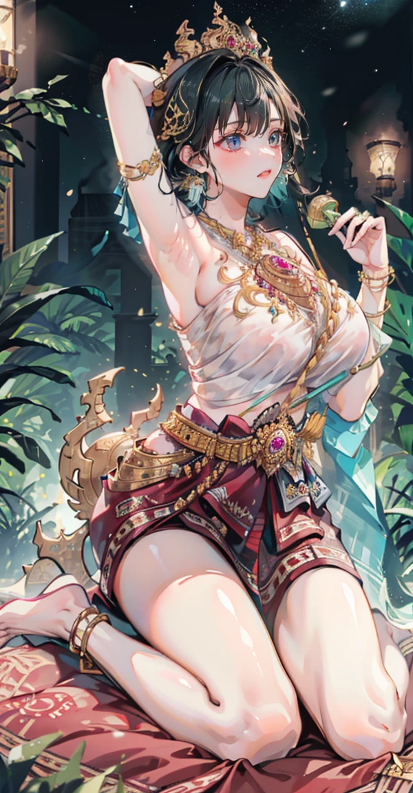 Group of 5 princesses,(5 young women,many young women), (in the bedroom), Various hair styles, harem, Wear a strapless Thai dress...,(shiny armor, Beautiful crowns and jewelry,Patterned crystal jewelry) at night, detailed face, big breasts,Breast curtain, short skirt, mule, Sleeveless , Show your armpits, at night, starry at night,(large areolae:1.4,pink,The nipples are clearly visible.....),Lift the skirt,pee,peeing