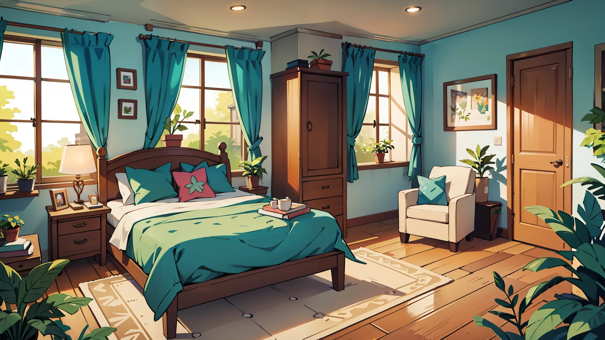 there is a double bedroom, bright sunny, some plants