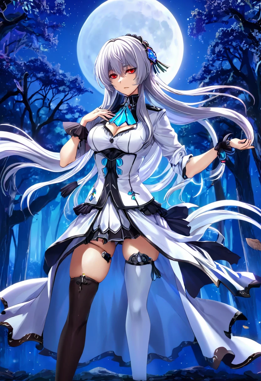 a woman with elements of sanguah from wuntherin wave and esdeath from akgame ga kill, with an outfit that mixes Persian elements, Victorian , Greek and some characteristic elements of the character, dancing in the forest in the middle of a full moon night, silver hair with crimson tips, amber eyes,
