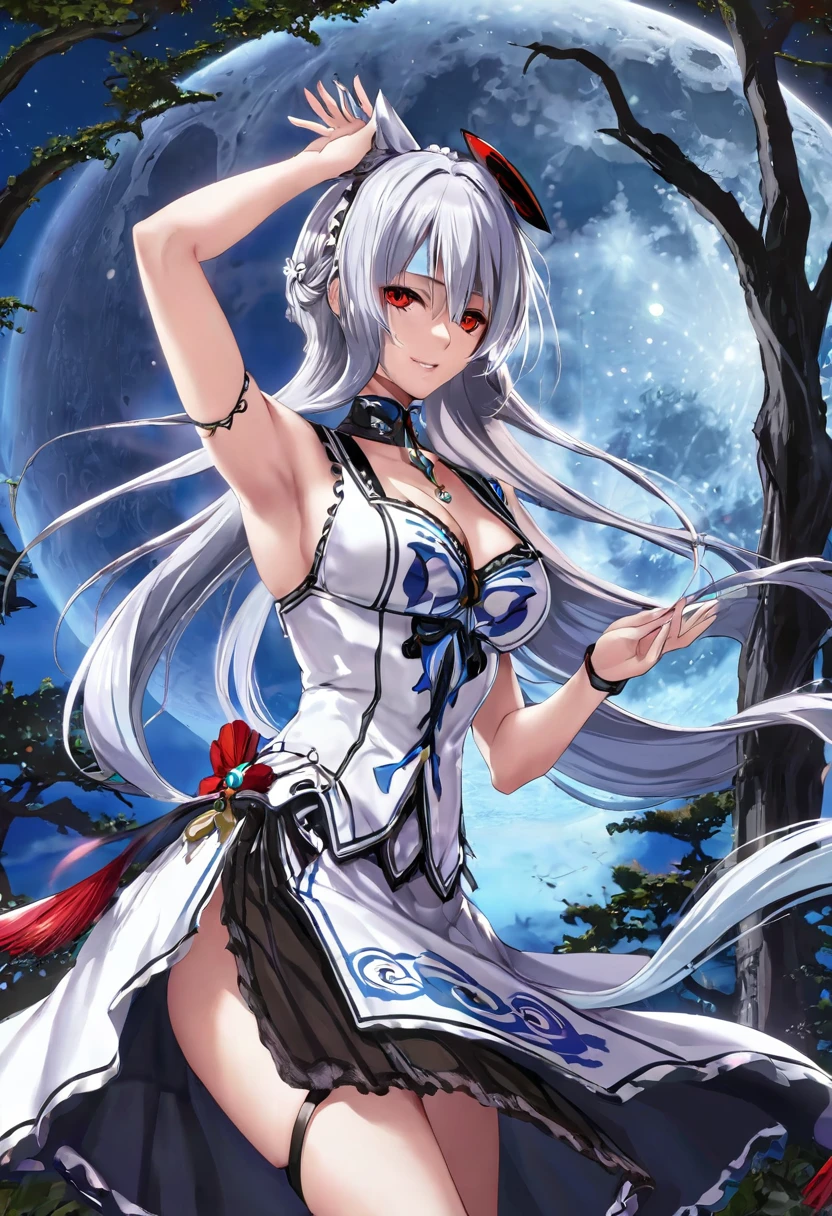 a woman with elements of sanguah from wuntherin wave and esdeath from akgame ga kill, with an outfit that mixes Persian elements, Victorian , Greek and some characteristic elements of the character, dancing in the forest in the middle of a full moon night, silver hair with crimson tips, amber eyes,
