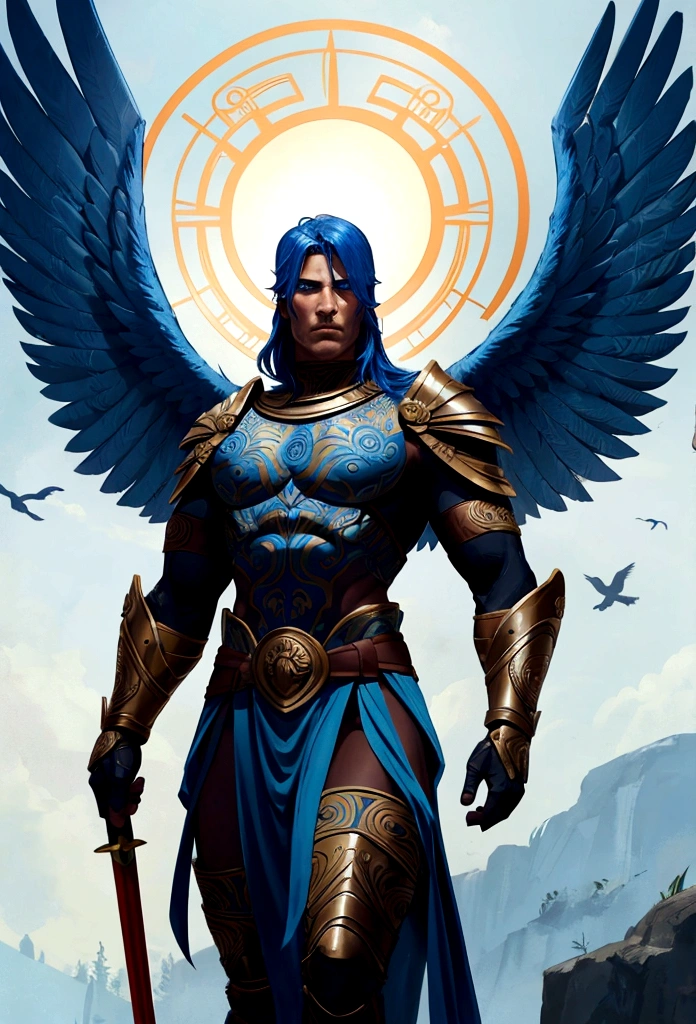 Spartan warrior with the body of a man and the face of a bird, blue Wings