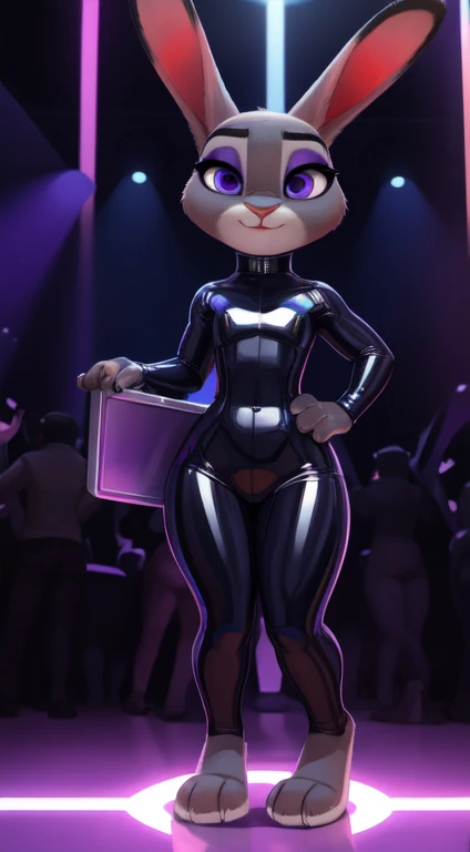 [Judy hopps; Zootopia], [Uploaded to e621.net; (Pixelsketcher), (wamudraws)], ((masterpiece)), ((solo portrait)), ((full body)), ((front view)), ((feet visible)), ((furry; anthro)), ((detailed fur)), ((detailed shading)), ((beautiful render art)), ((cinematic lighting)), {anthro bunny; super detailed fur, cute indigo eyes, (indigo eyeshadow), (((make-up))), bunny ears, frown, (expressionless), bunny tail, (beautiful legs), (beautiful feet), (gorgeous hips)}, {(black latex), normal size , (sexy latex outfit), (smiling), (cute)}, {(strip dancing:1.2)}, [background; (silhouette crowd in background), (club), (lights), (edm club), (dance floor)], hypnotized with completely glowing purple eyes with no irises or pupils, tongue out, carrying a tray with limonade,
