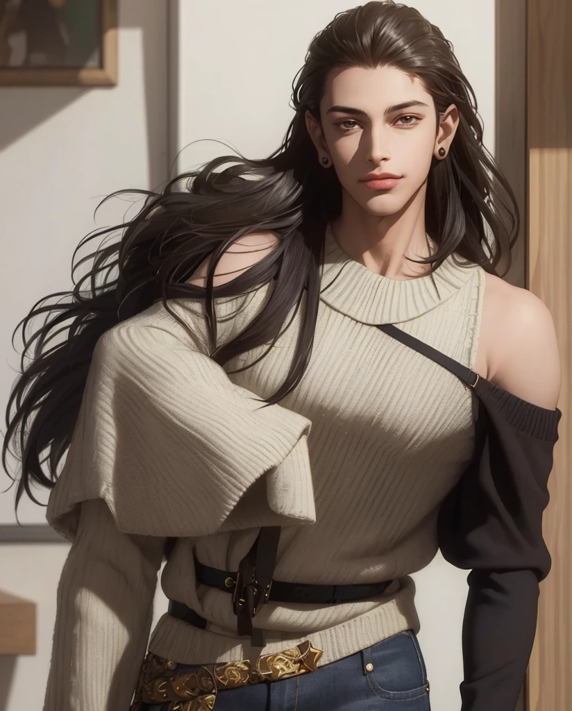 ((best quality)), ((Masterpiece)), (details), 1 girl, open shoulder sweater, People who stand out with their various appearances From the handsome, no-nonsense guy to the cool bad boy. His face was perfectly proportioned. Has dark brown eyes that are mysterious and intriguing. The nose is high and ridged. and thin lips that are often adorned with a playful smile