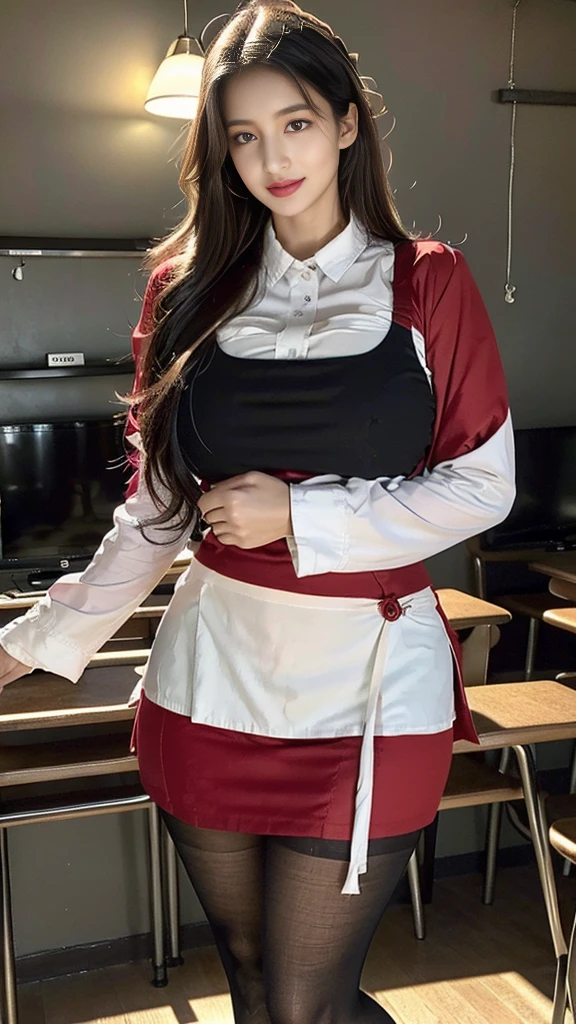 realistic, High resolution, soft light,1 female, alone, waist rises high, (detailed face),colorful hair、shortcut,wear,long hair、(ponytail)、((Upskirt))(hyperrealistic), (high resolution), (8K), (extremely detailed), (best illustration), (beautiful detailed eyes), (best quality), (super detailed), (masterpiece), (wallpaper), (detailed face), solo, (dynamic pose), 1 girl, white wavy hair, European , heterochromic eyes, ((apron)), big breasts, long legs, tightens abs, (camel toes), (black stockings), (thick lips), (red suit, shirt, red jacket, red tight skirt, black pantyhose), standing proudly in front of the blackboard, classroom, professional lighting