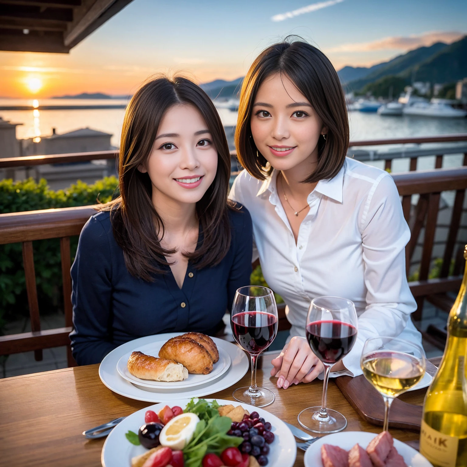 ((Highest quality、8K、masterpiece:1.3))、 (Genuineistic, Genuine、Bright image、Intricate details:1.2), 最高のsmile、1 male 1 female、Slim Body、Beautiful couple、Satomi Ishihara-like lover、Good friends、actress couple、smile、A full-course dinner with a full table、 (Slim face), (the body is slim), (Brown Hair), (short hair), テーブルのwine glass、Please shine a light on my face、 Amazing view of the sunset sky and clouds、 (42 years old)38 years old, red wine 、Wine bottle、sparkling wine、Long sleeve shirt、Pink Dress、White wine, red wine, wine glass,