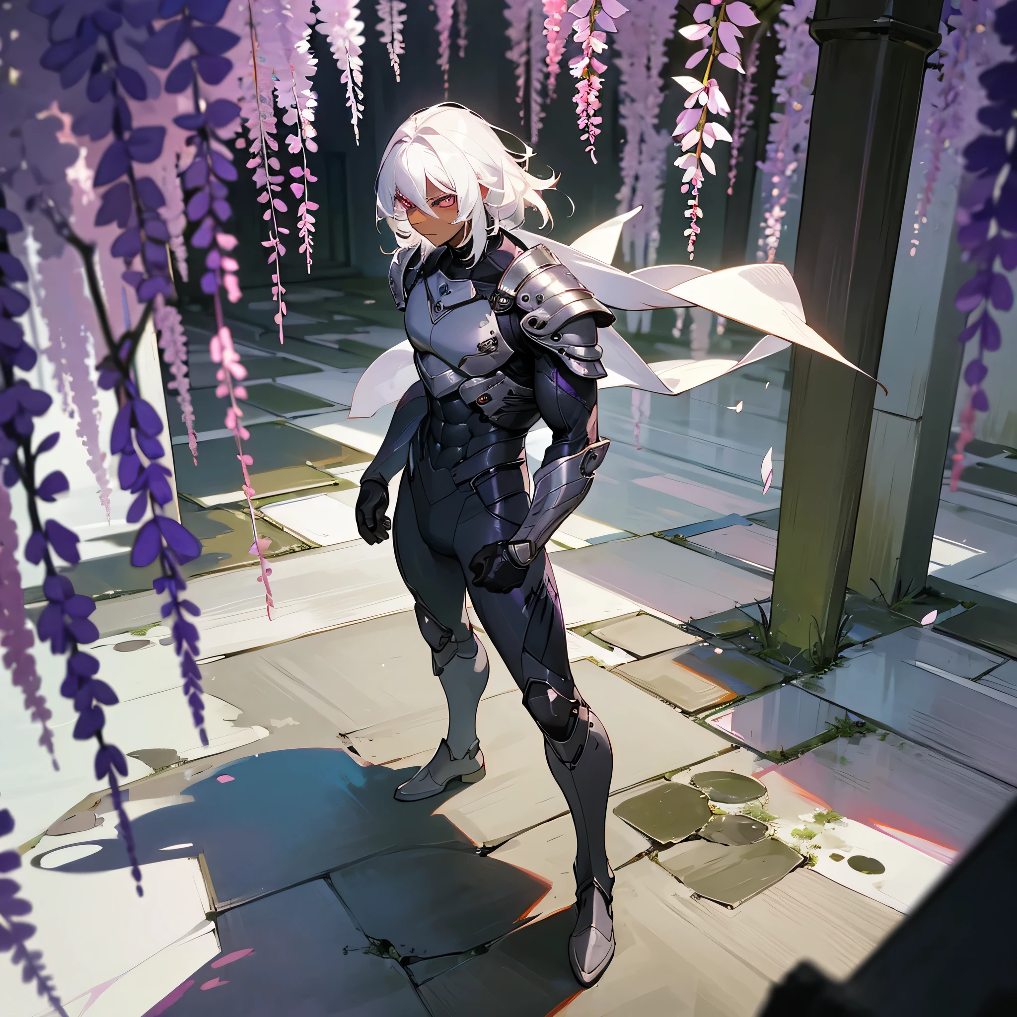 1male, young adult, dark skin, finely detailed plum eyes, wild medium hair, seashell white hair color, full body combat suit, shoulder armor pieces, combat boots, baggy miltarty combat pants, standing on ruined building, day time, tokyo streets, somber expression, muscular, tattoos, wisteria flowers, scars