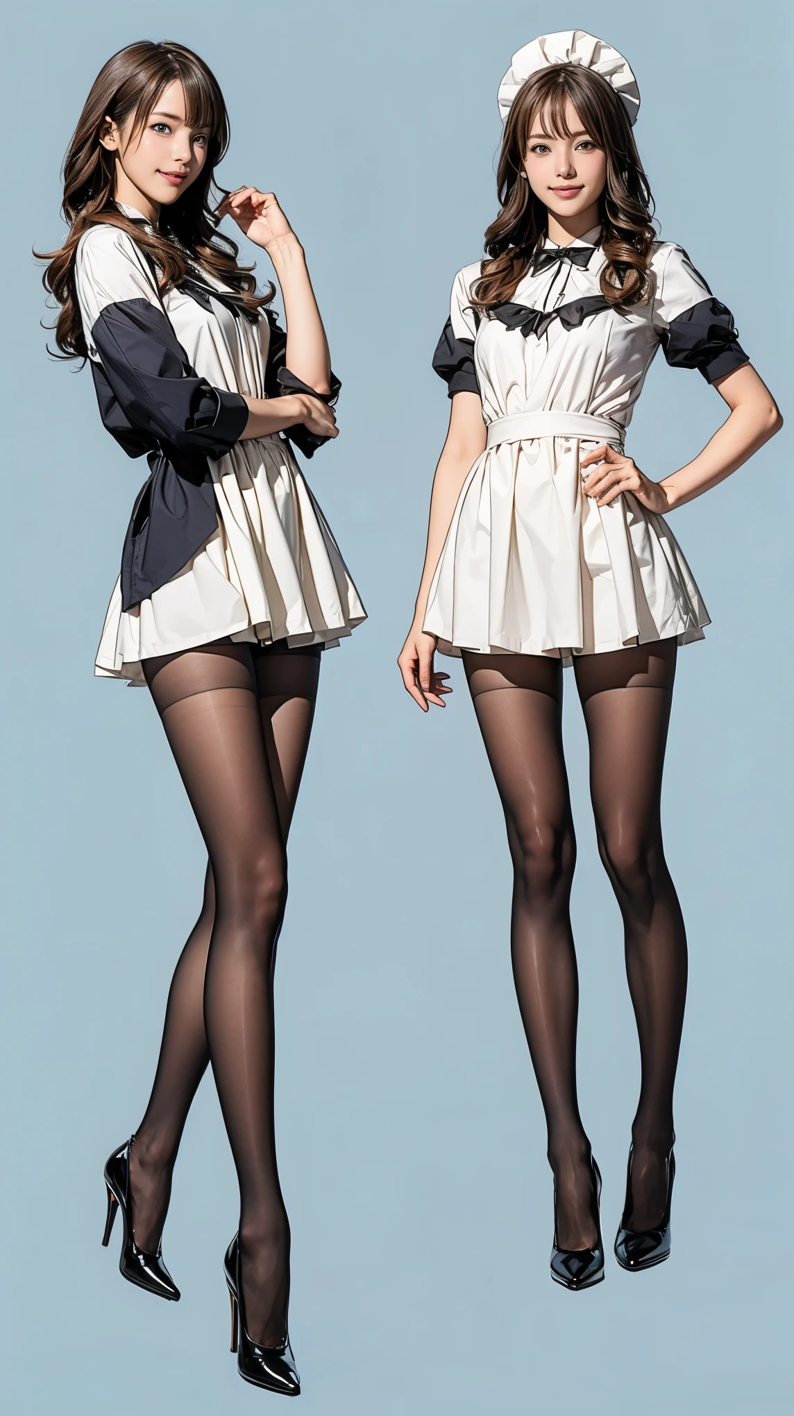 ((masterpiece)),(((Highest quality))),((Character design sheet)),Thin thighs,Long legs,Bunny girl in a light blue maid outfit:1.5，Wearing light blue tights:1.5，The best smile:1.5，Full Body Shot:1.5，Gray background:1.5，Wearing black high heels:1.5，short side waves:1.5，