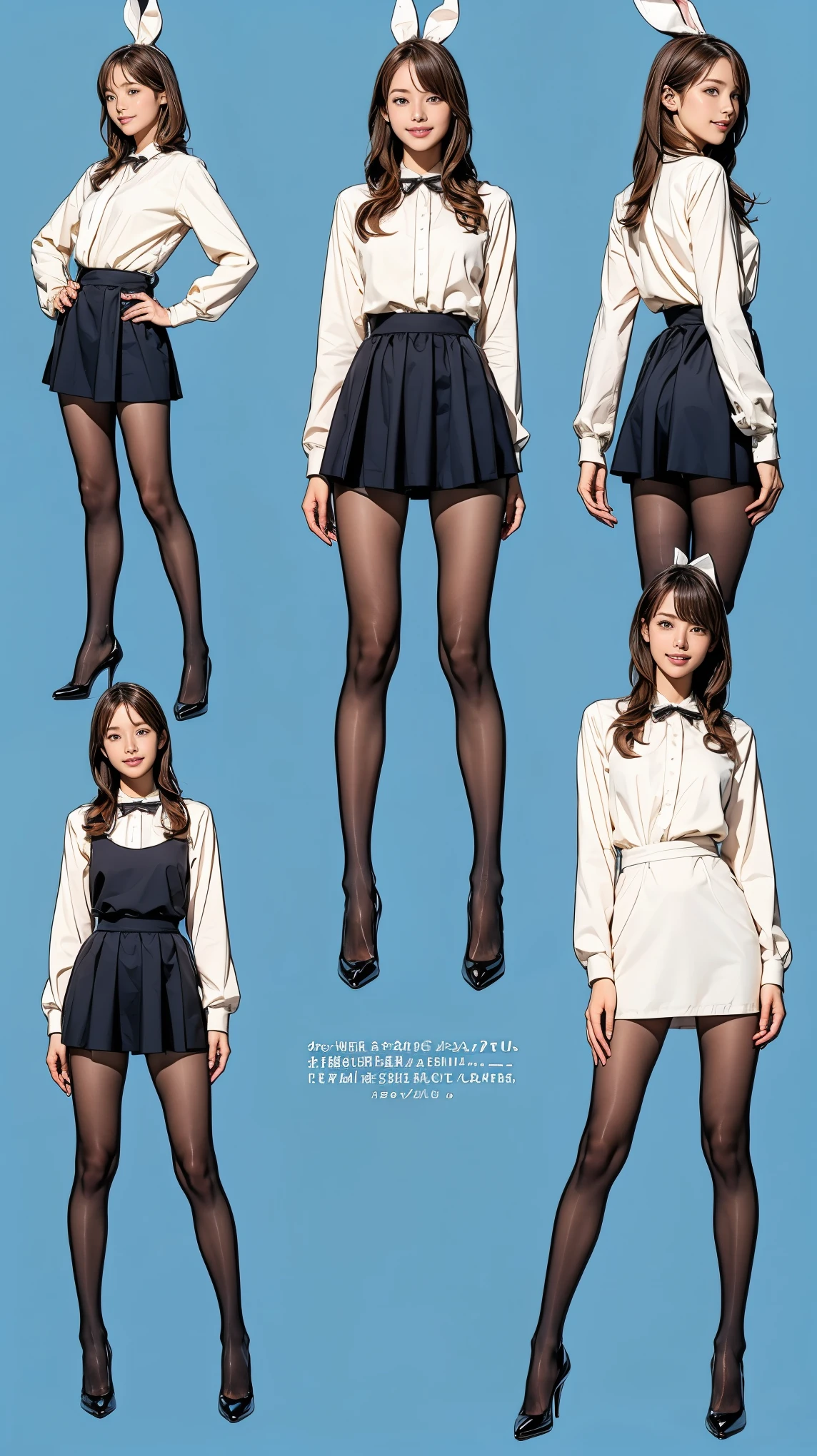 ((masterpiece)),(((Highest quality))),((Character design sheet)),Thin thighs,Long legs,Bunny girl in a light blue maid outfit:1.5，Wearing light blue tights:1.5，The best smile:1.5，Full Body Shot:1.5，Gray background:1.5，Wearing black high heels:1.5，short side waves:1.5，