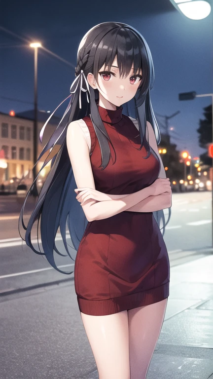 masterpiece, best quality, highres, aasuzune, long hair, black hair, (single braid:1.2), hair ribbon, red eyes, sweater dress, turtleneck, sleeveless, night, outdoors, city,