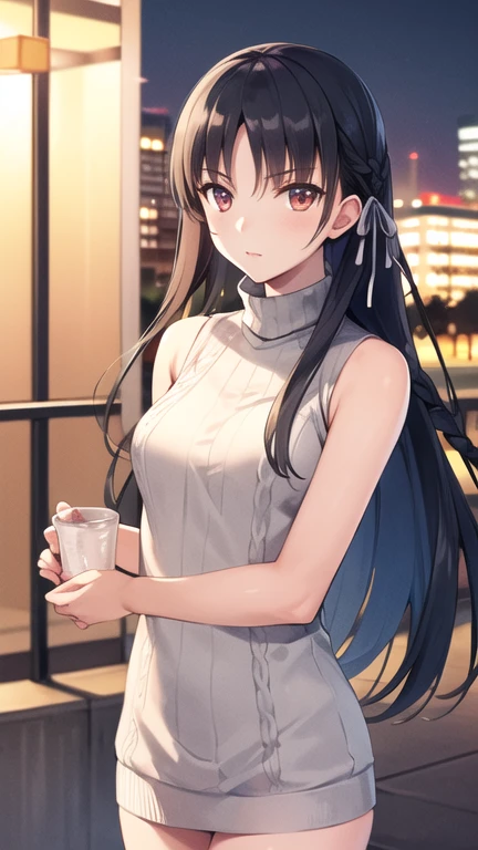 masterpiece, best quality, highres, aasuzune, long hair, black hair, (single braid:1.2), hair ribbon, red eyes, sweater dress, turtleneck, sleeveless, night, outdoors, city,