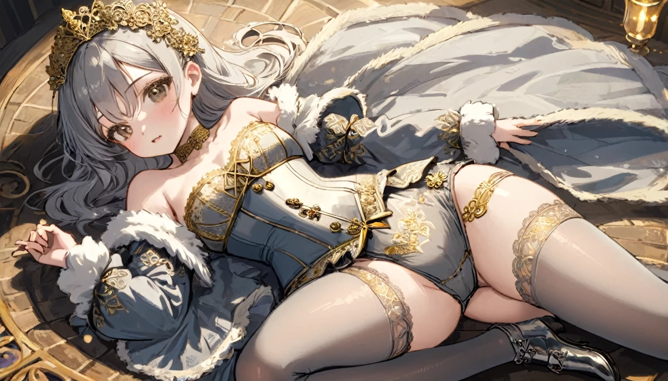 Medieval１People Girls、 Gold and silver embroidery、In underwear、Knee-length semi-transparent bloomers（With gold and silver lace）Wearing、Wearing a semi-transparent corset、 Grey translucent tights、Lying down