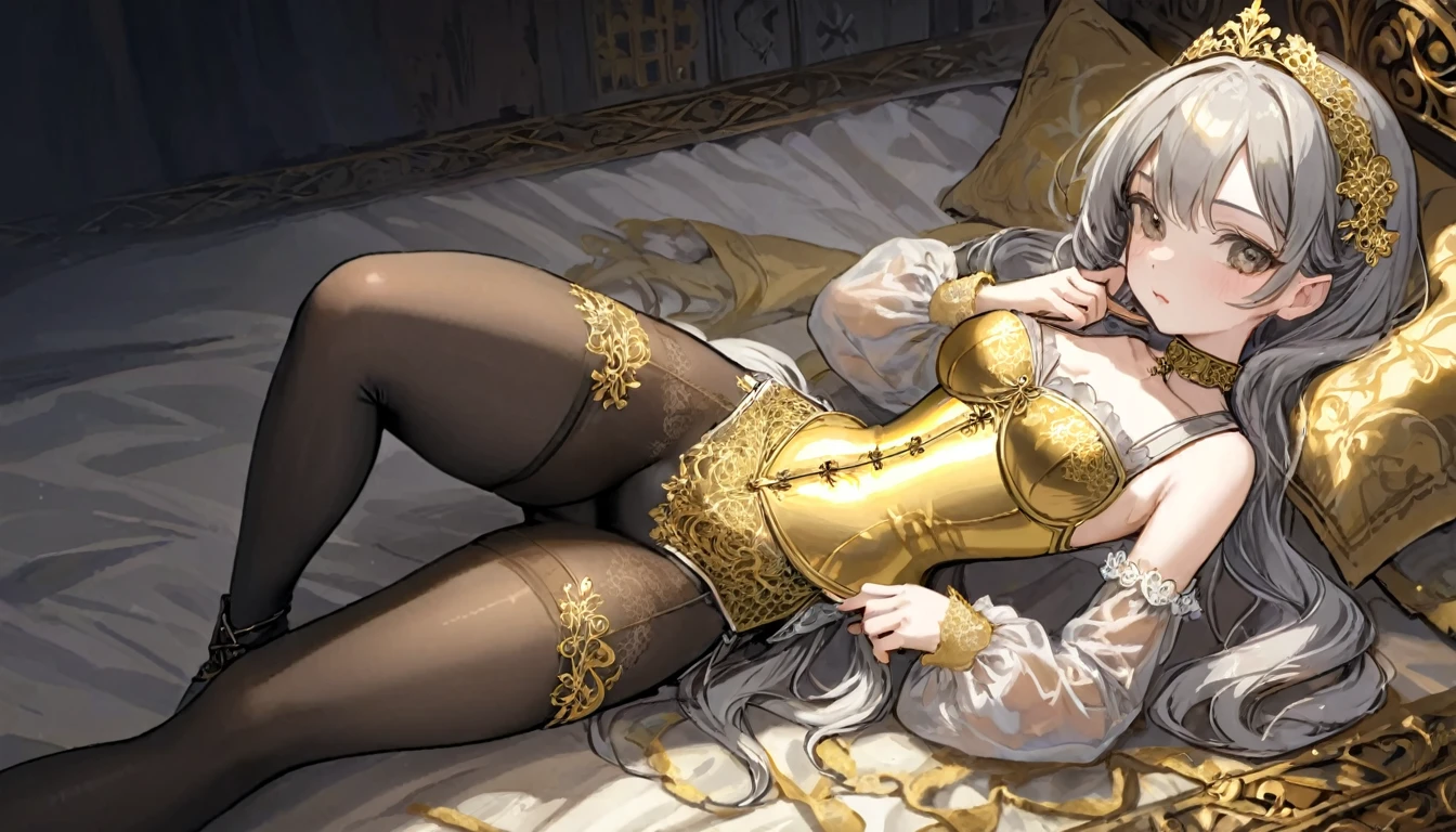 Medieval１People Girls、 Gold and silver embroidery、In underwear、Knee-length semi-transparent bloomers（With gold and silver lace）Wearing、Wearing a semi-transparent corset、 Grey translucent tights、Lying down