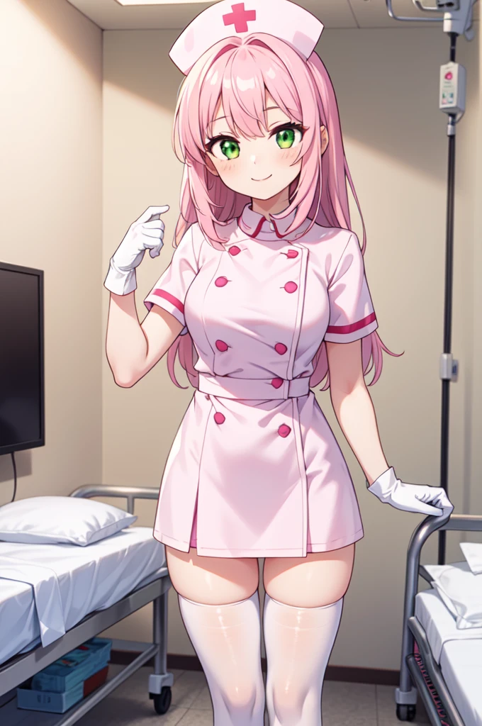 1girl, solo, nurse, white nurse cap, white nurse uniform, ((white legwear, zettai ryouiki)), white gloves, pink hair, green eyes, drooping eyes, smile, standing, ((hospital room)), sharp outline, short sleeves, best quality, masterpiece