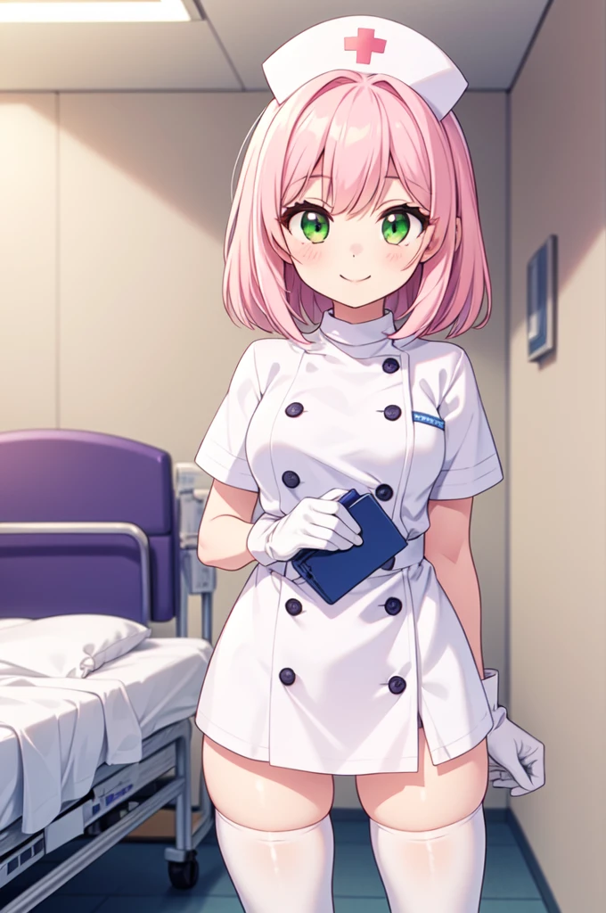 1girl, solo, nurse, white nurse cap, white nurse uniform, ((white legwear, zettai ryouiki)), white gloves, pink hair, green eyes, drooping eyes, smile, standing, ((hospital room)), sharp outline, short sleeves, best quality, masterpiece