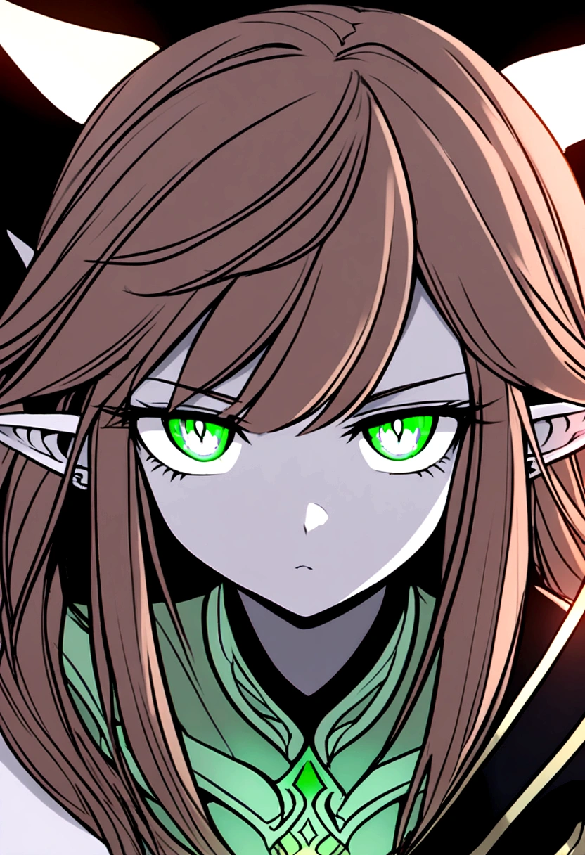 Young elven woman, pale skin, brown hair, green eyes, black short clothes, small, dark fantasy, long ears, bladedancer