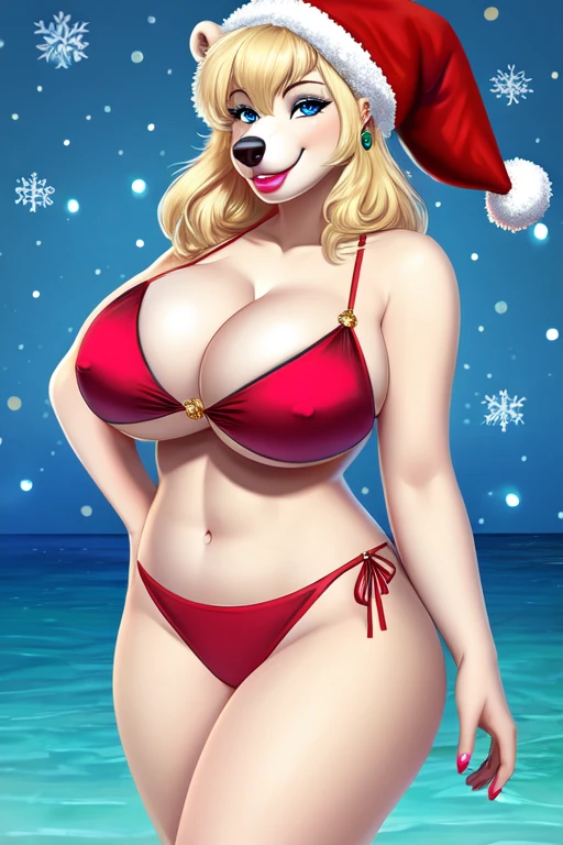 Blonde polar bear woman, wearing a Christmas bikini, perfect face, blue eyes, big breasts, cleavage, three-quarter view, solo, smile, perfect detailed body, pink lipstick, gold earring,