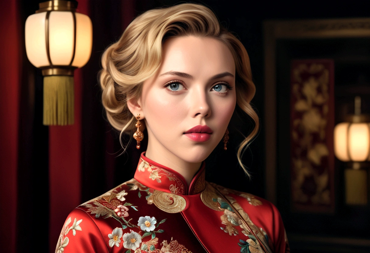 a woman (Scarlett Johansson Age 25), wearing an ornate cheongsam dress, detailed facial features, beautiful eyes, expressive lips, long eyelashes,beautiful skin,elegant hairstyle,feudal china setting,merchant family manor,greeting imperial emissaries,dramatic lighting,rich color palette,cinematic composition,intricate architectural details,opulent decor,stunning visual impact,(best quality,8k,highres,masterpiece:1.2),ultra-detailed,(realistic,photorealistic,photo-realistic:1.37),cinematic,dramatic,intricate,ornate,elegant,atmospheric,moody,rich colors (Show her from head to toe, show her entire body, show all of her)
