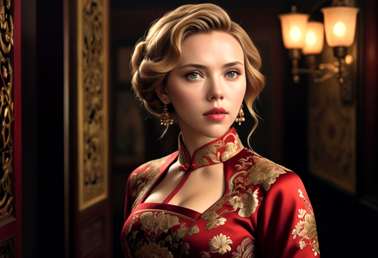a woman (Scarlett Johansson Age 25), wearing an ornate cheongsam dress, detailed facial features, beautiful eyes, expressive lips, long eyelashes,beautiful skin,elegant hairstyle,feudal china setting,merchant family manor,greeting imperial emissaries,dramatic lighting,rich color palette,cinematic composition,intricate architectural details,opulent decor,stunning visual impact,(best quality,8k,highres,masterpiece:1.2),ultra-detailed,(realistic,photorealistic,photo-realistic:1.37),cinematic,dramatic,intricate,ornate,elegant,atmospheric,moody,rich colors (Show her from head to toe, show her entire body, show all of her)
