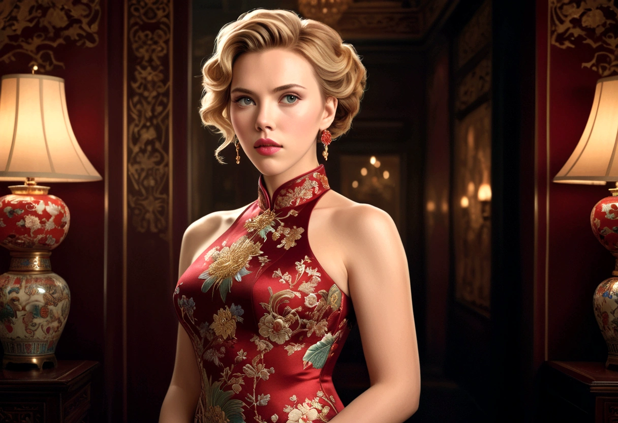 a woman (Scarlett Johansson Age 25), wearing an ornate cheongsam dress, detailed facial features, beautiful eyes, expressive lips, long eyelashes,beautiful skin,elegant hairstyle,feudal china setting,merchant family manor,greeting imperial emissaries,dramatic lighting,rich color palette,cinematic composition,intricate architectural details,opulent decor,stunning visual impact,(best quality,8k,highres,masterpiece:1.2),ultra-detailed,(realistic,photorealistic,photo-realistic:1.37),cinematic,dramatic,intricate,ornate,elegant,atmospheric,moody,rich colors (Show her from head to toe, show her entire body, show all of her)
