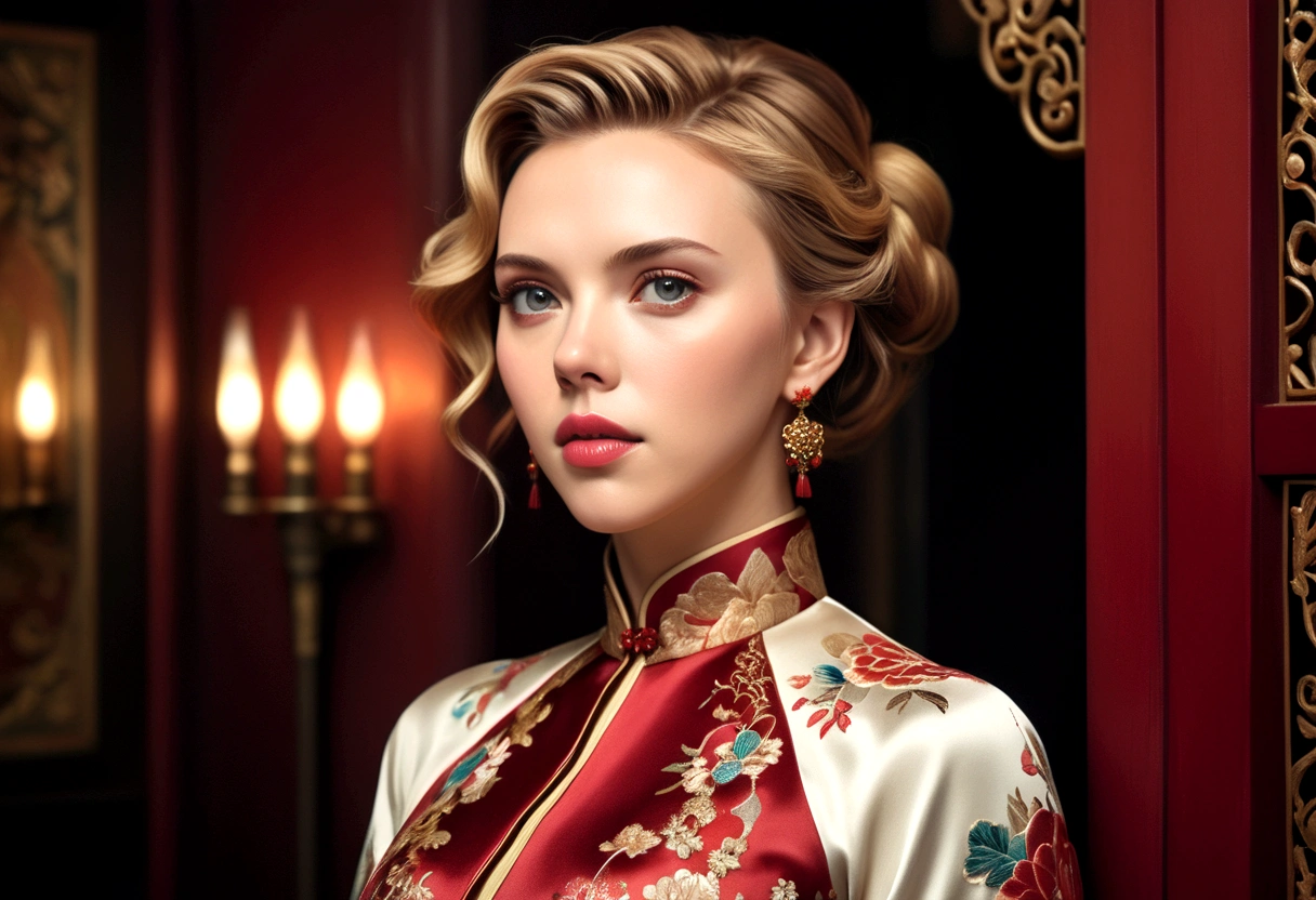 a woman (Scarlett Johansson Age 25), wearing an ornate cheongsam dress, detailed facial features, beautiful eyes, expressive lips, long eyelashes,beautiful skin,elegant hairstyle,feudal china setting,merchant family manor,greeting imperial emissaries,dramatic lighting,rich color palette,cinematic composition,intricate architectural details,opulent decor,stunning visual impact,(best quality,8k,highres,masterpiece:1.2),ultra-detailed,(realistic,photorealistic,photo-realistic:1.37),cinematic,dramatic,intricate,ornate,elegant,atmospheric,moody,rich colors (Show her from head to toe, show her entire body, show all of her)
