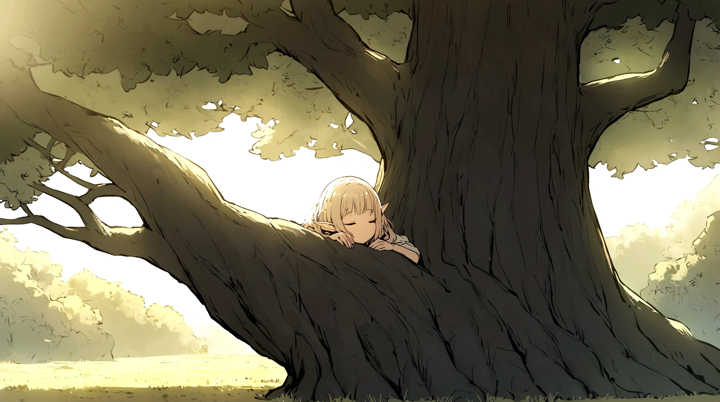 A girl，Elf，Girl sleeping in a tree，茂密的Big Tree，Big Tree，Morning Sunshine